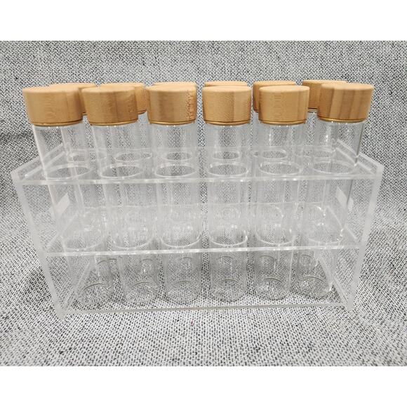 Coffee Bean Storage Tubes Set 14pc Glass Vials w/ Wood Lids + Stand - Picture 2 of 7